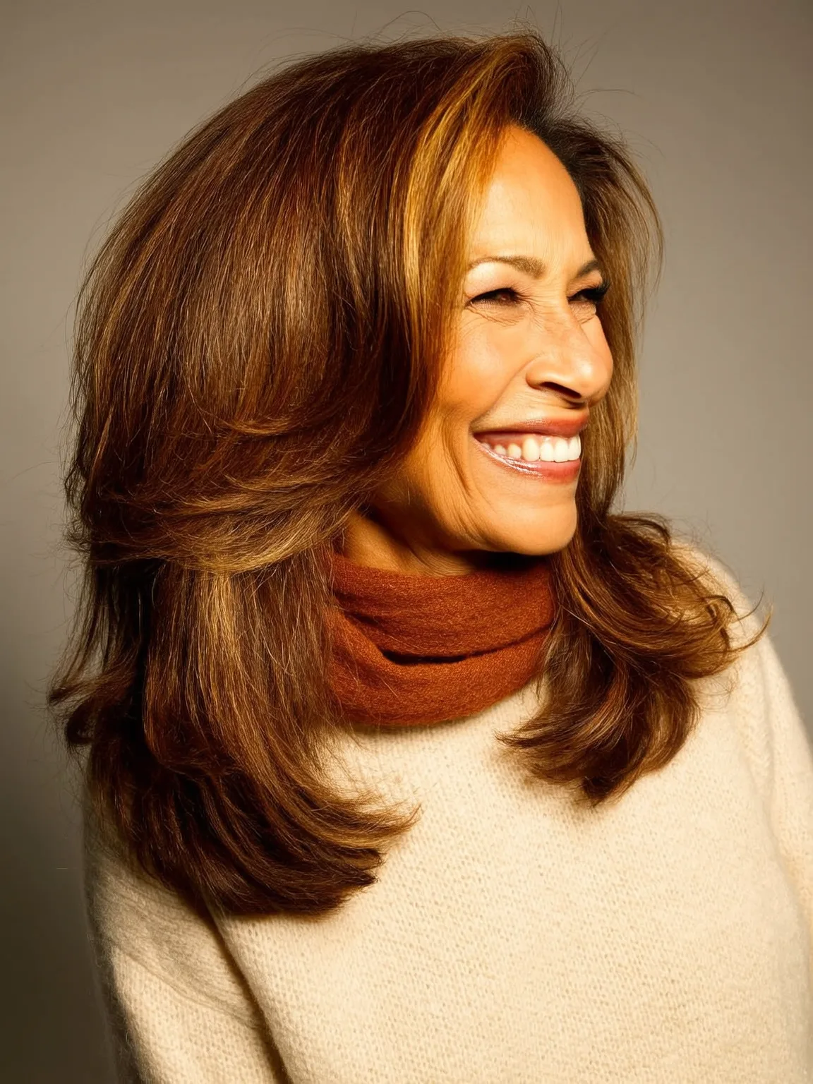 Medium Layered Cut with Warm Caramel Brown Waves